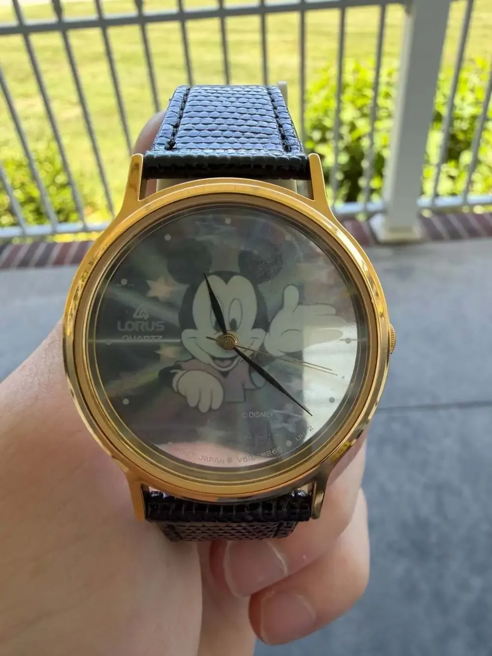 Vintage Lorus Disney Mickey Mouse Hologram Gold Tone Watch with Leather Strap